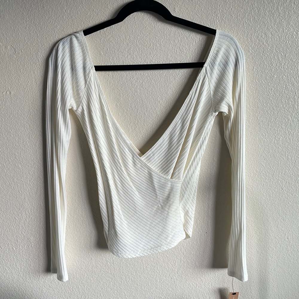 Reformation Ivory Ribbed Wrap Long-Sleeve Top